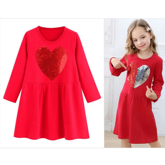 Flip Sequin Heart Girls Red Valentine's Day Dress - Picture 1 of 2